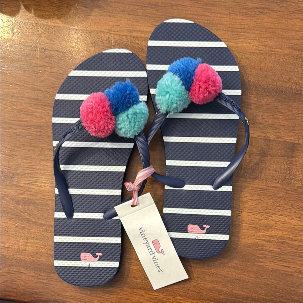 Girls size 4 - Vineyard Vines Kids' Navy Flip Flops with Pom Poms